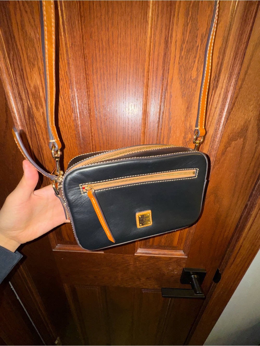 Dooney & Bourke Black and Tan Leather Crossbody Camera Bag